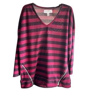 FRENCH LAUNDRY Black Cherry Red striped v neck pullover sweater NWT plus sz 1X